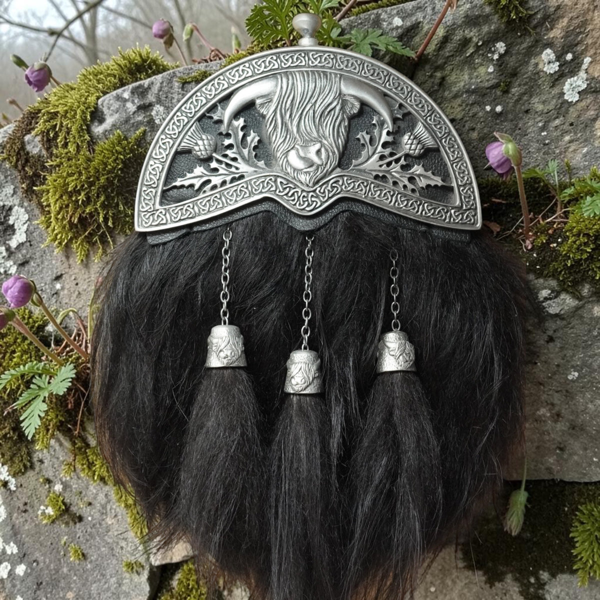 Highland Cow Black Dress sporran in antique metal