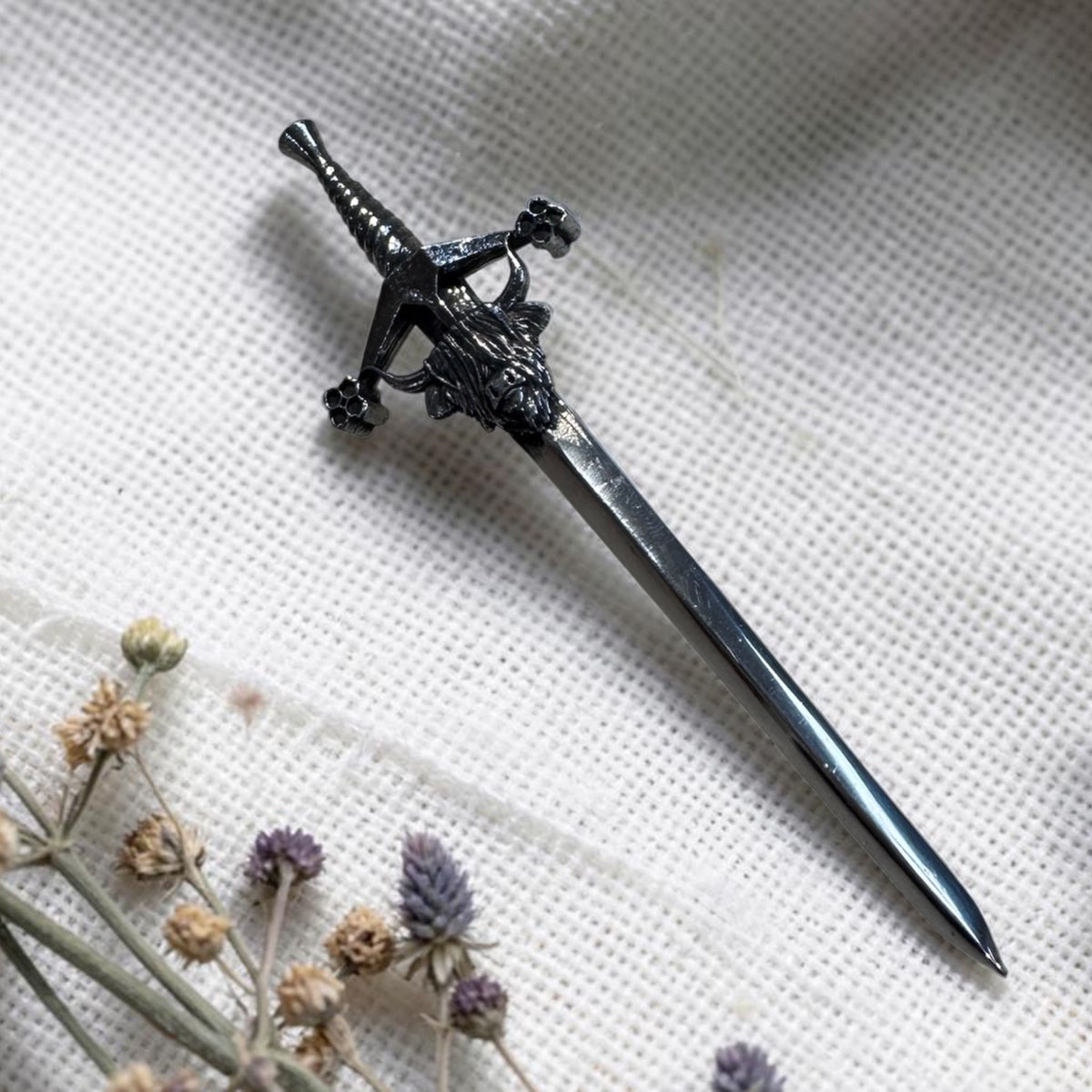 Highland Cow Kilt Pin by Margaret Morrison made in pewter