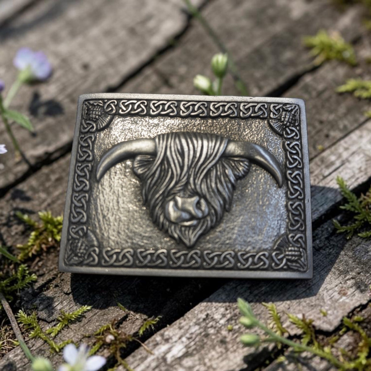 Highland cow pewter kilt belt buckle by Margaret Morrison in antique