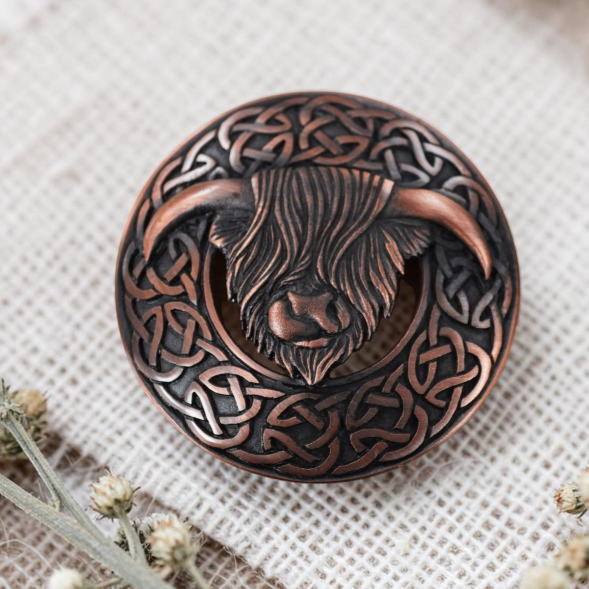 Highland cow pewter plaid brooch copper plated