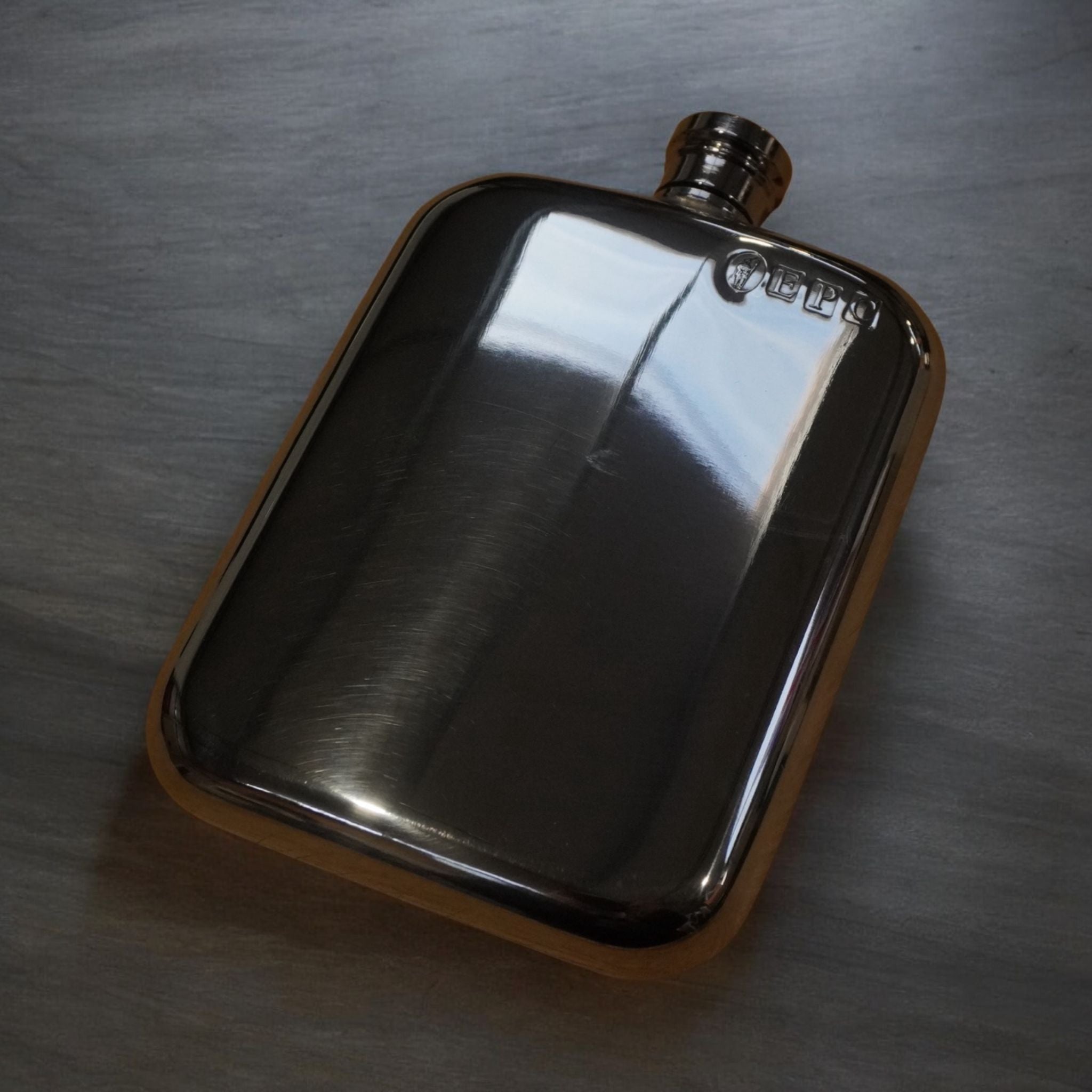 Plain polished pewter hip flask 13cm x 9cm with mirror finish, 6oz capacity, ideal for personalised engraving