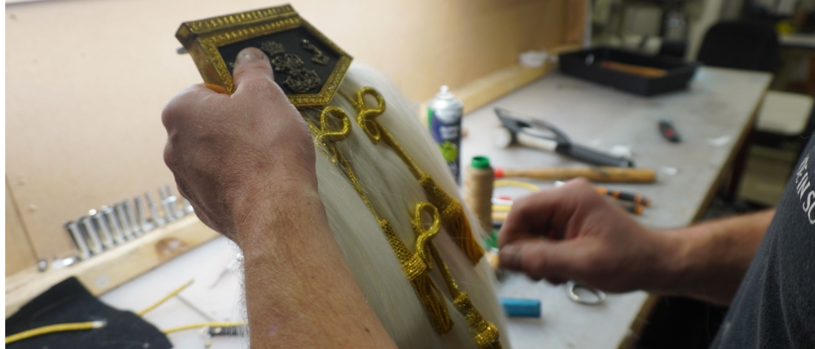 Artisan sporran maker crafting a sporran in Perth, Scotland workshop