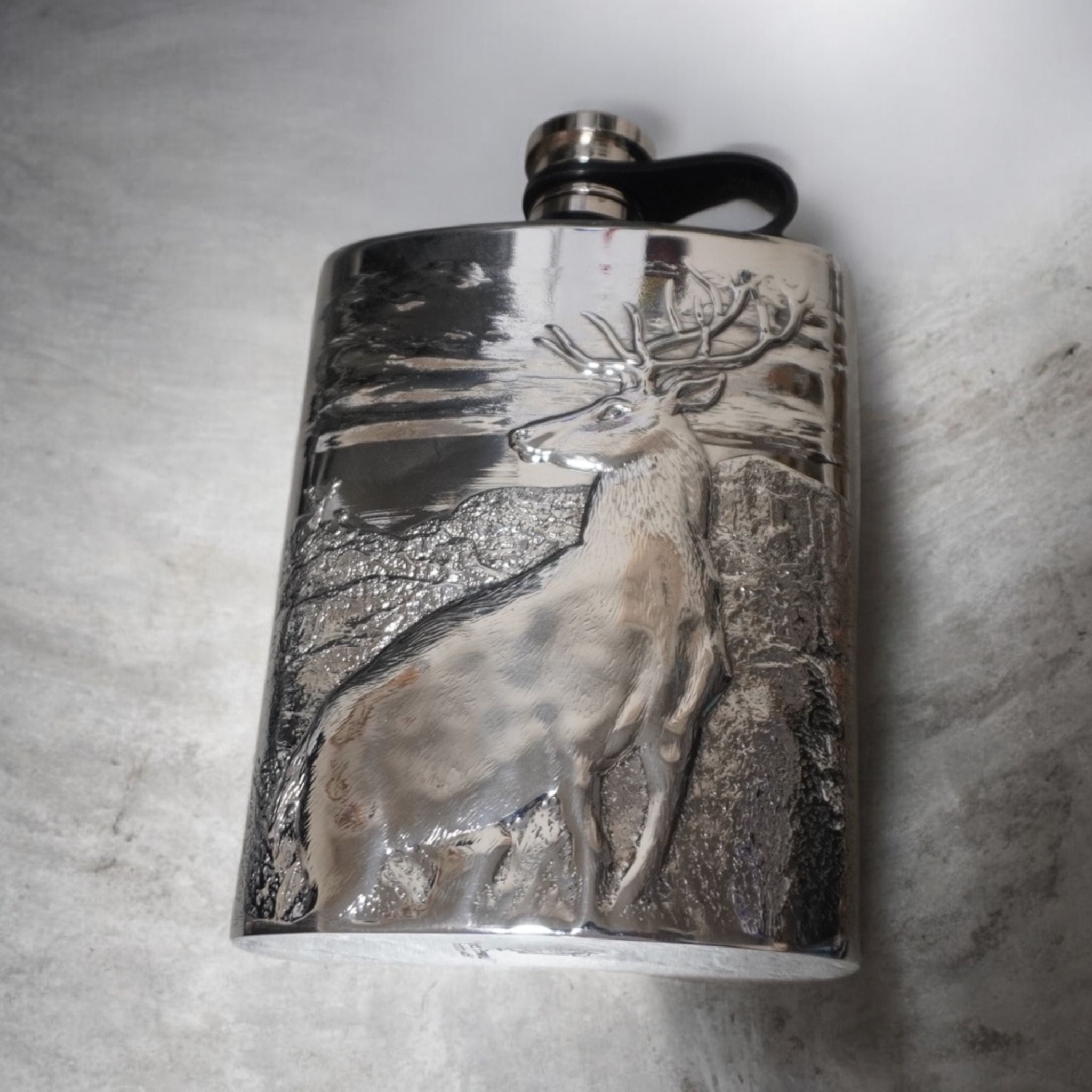 6oz pewter hip flask with embossed Highland stag and Scottish landscape scene, 12cm x 8cm