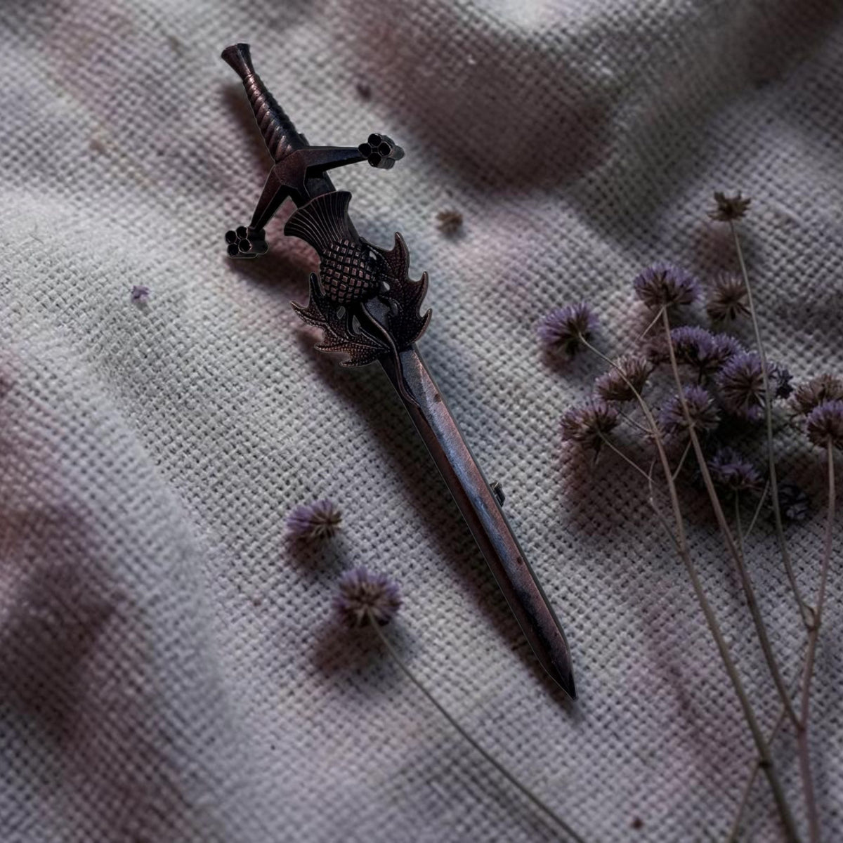 Thistle Claymore Kilt Pin by Margaret Morrison made in pewter copper plated