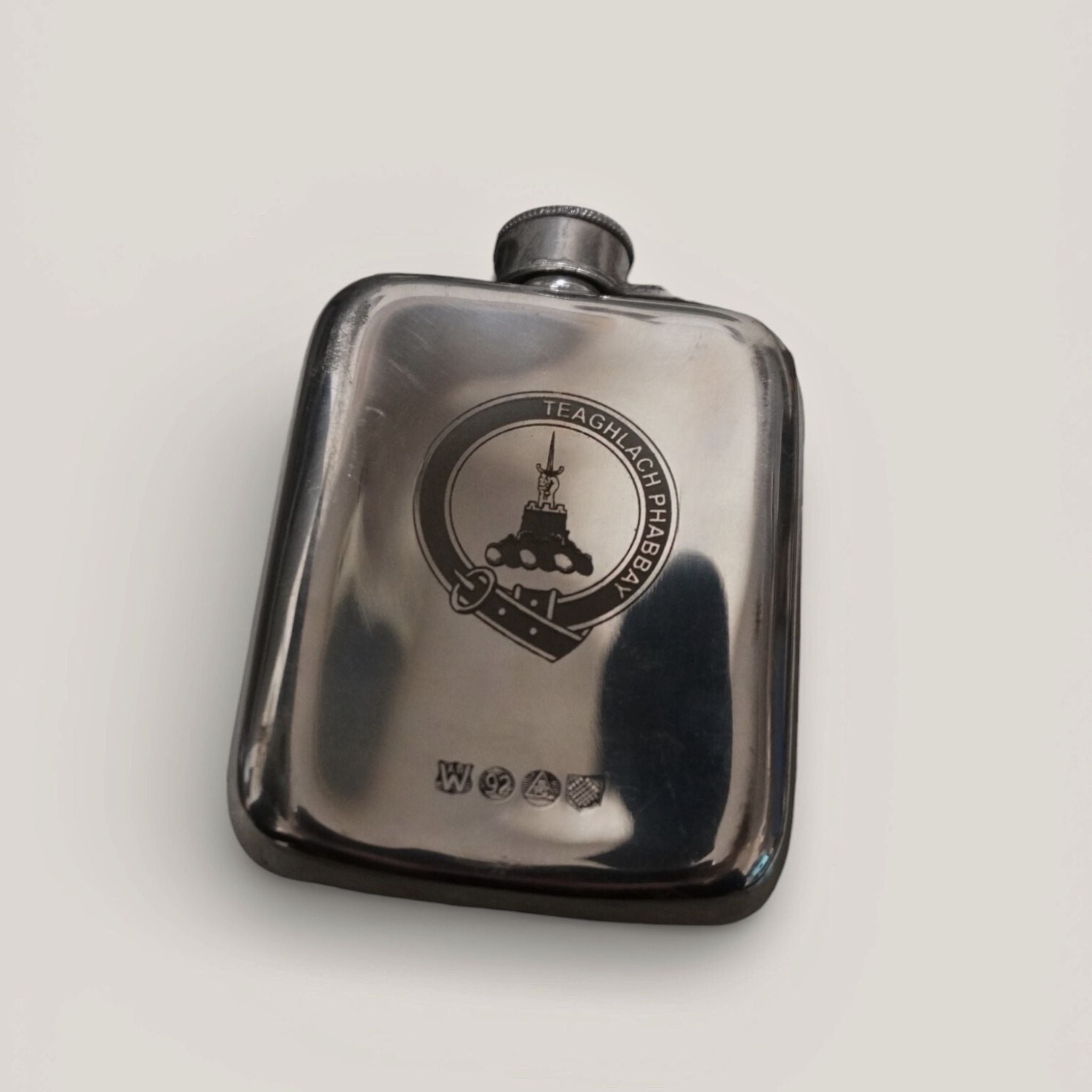 Clan crest engraved pewter hip flask 6oz
