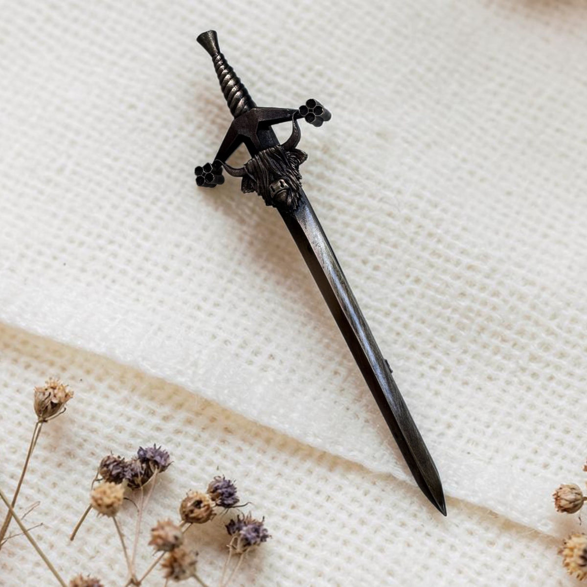 Pewter Highland Cow Claymore Kilt Pin