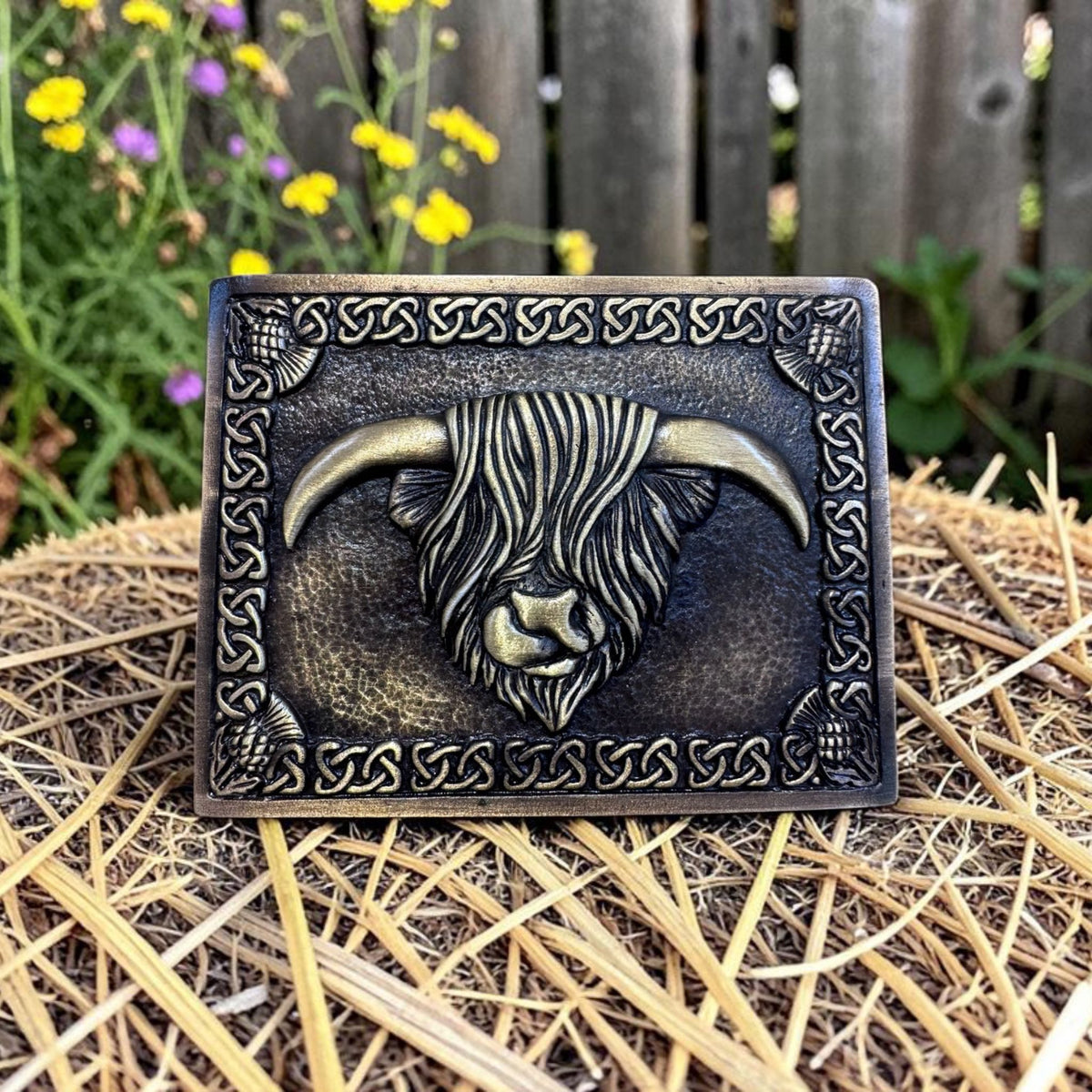 Highland cow pewter kilt belt buckle by Margaret Morrison in Antique Brass plating