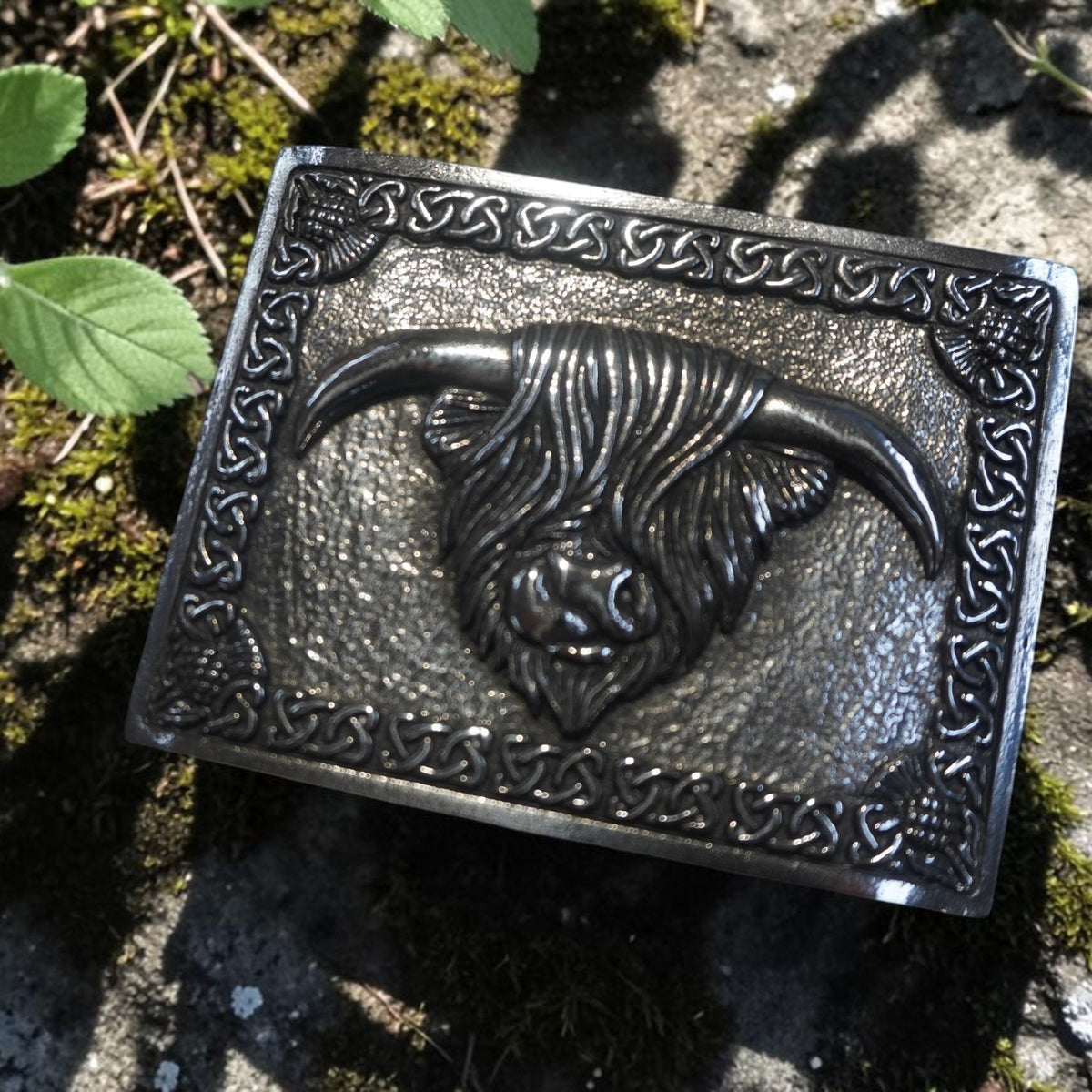 Highland cow pewter kilt belt buckle by Margaret Morrison in chrome