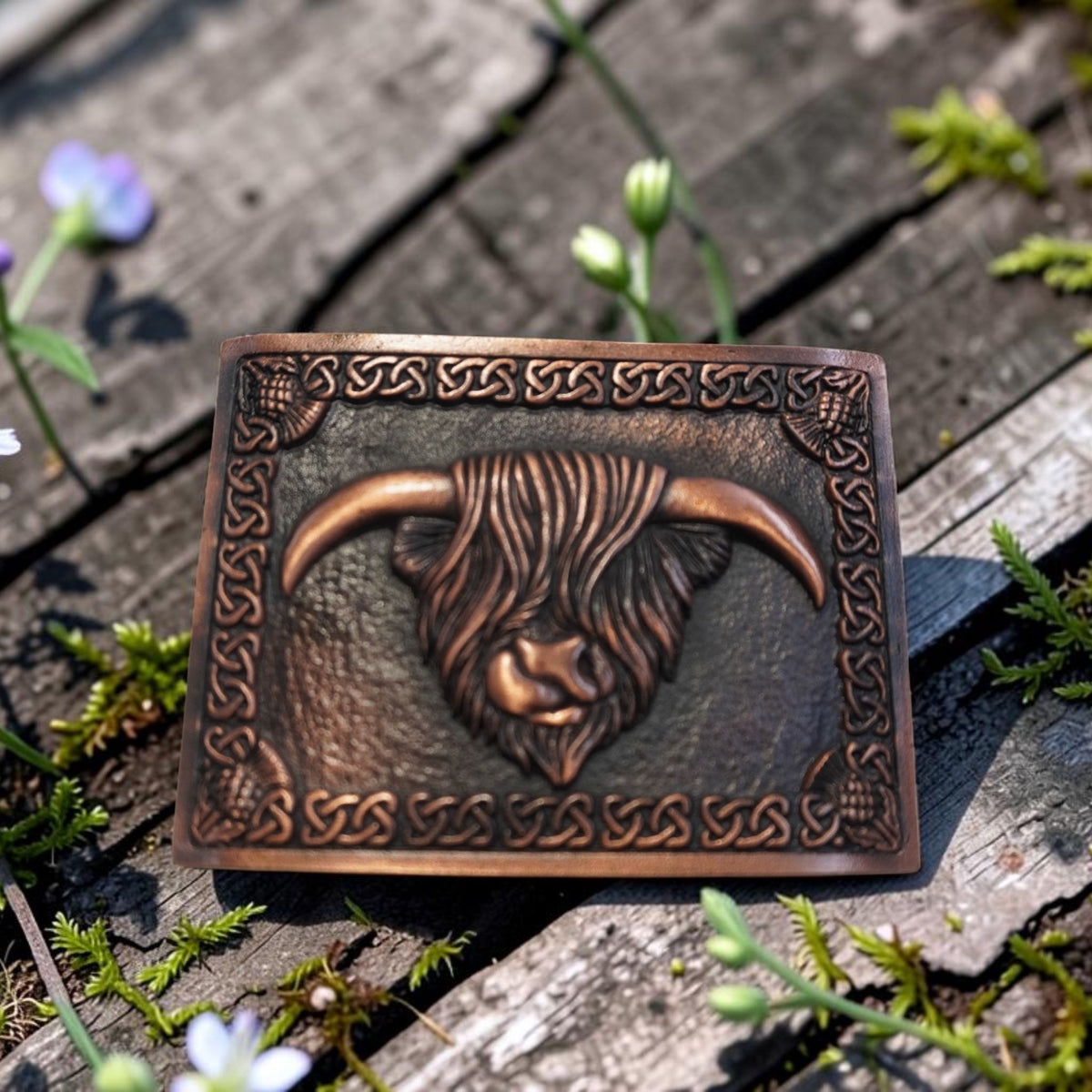 Highland cow pewter kilt belt buckle by Margaret Morrison in copper plate