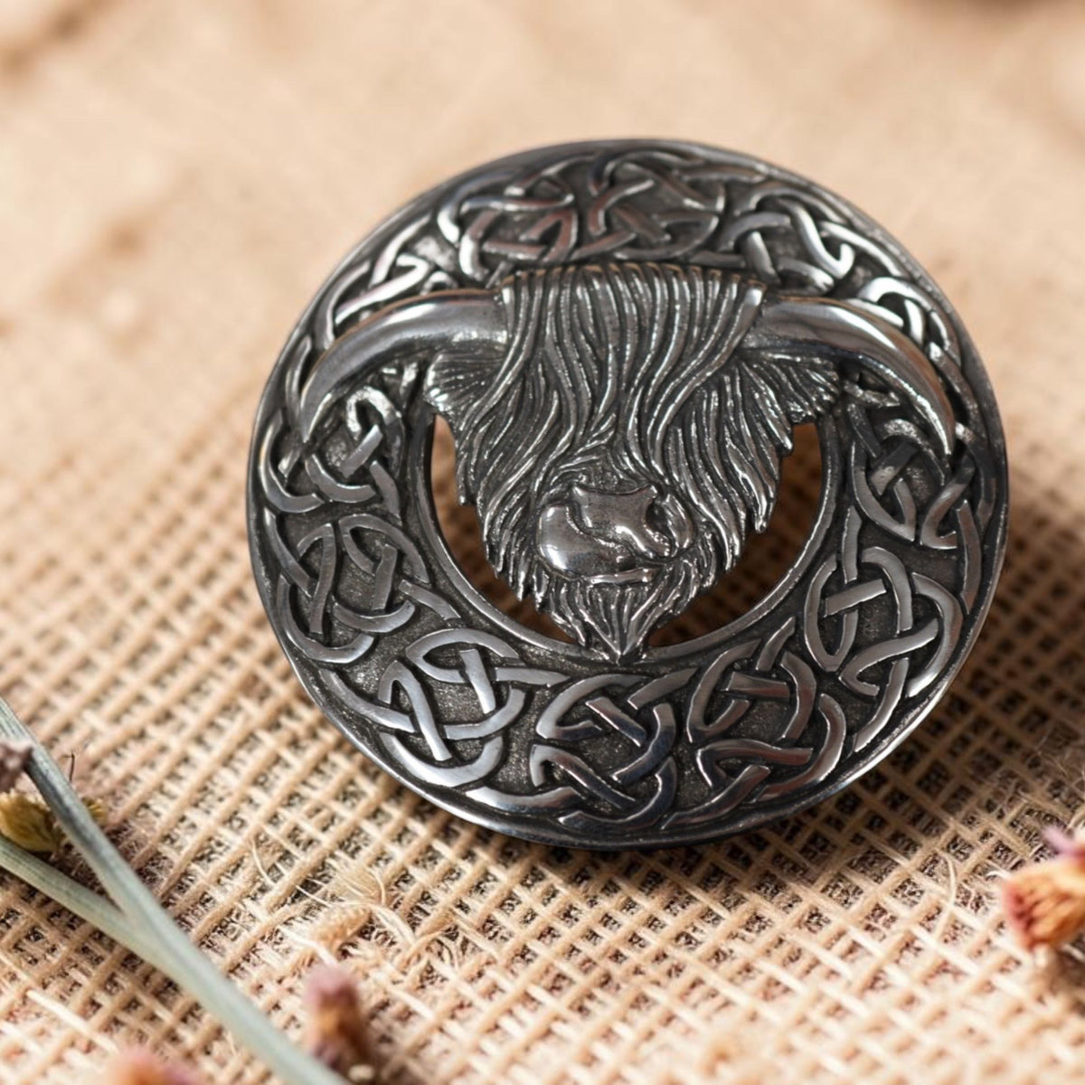 Highland cow pewter plaid brooch chrome