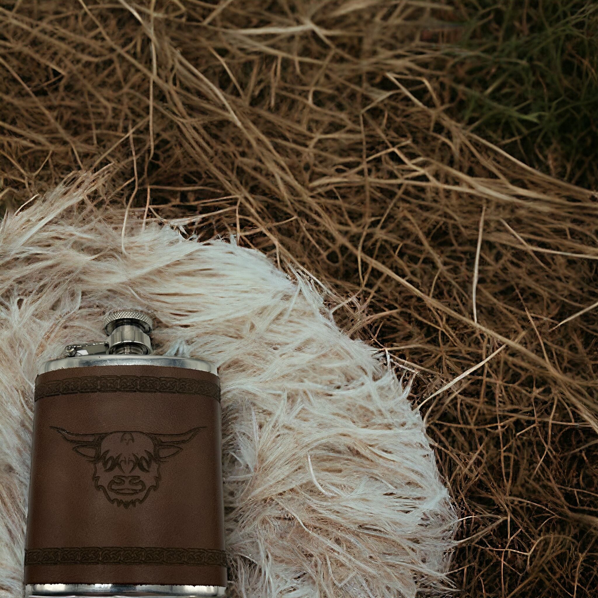 Highland cow pewter & leather hip flask