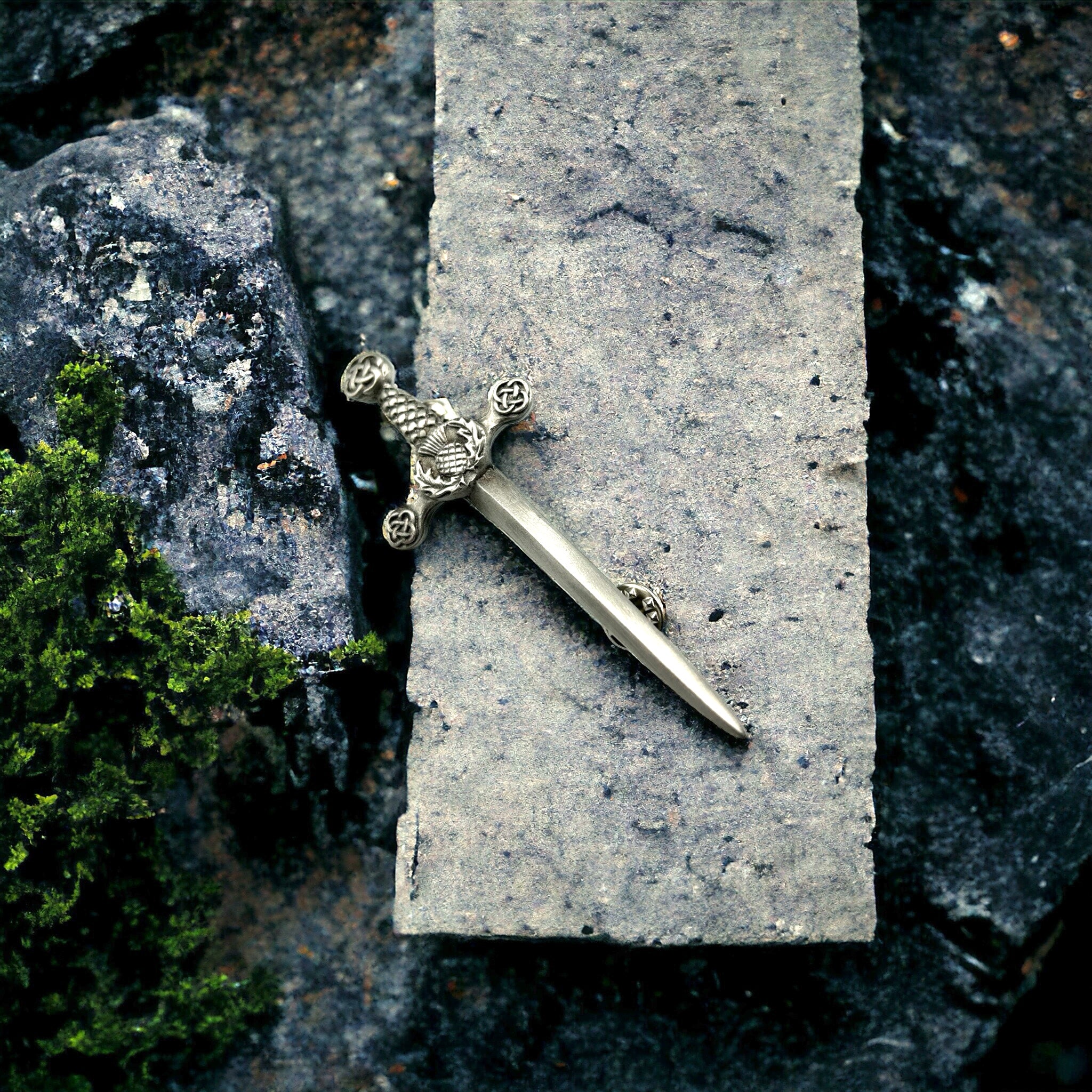 Scottish thistle on a claymore sword kilt pin design