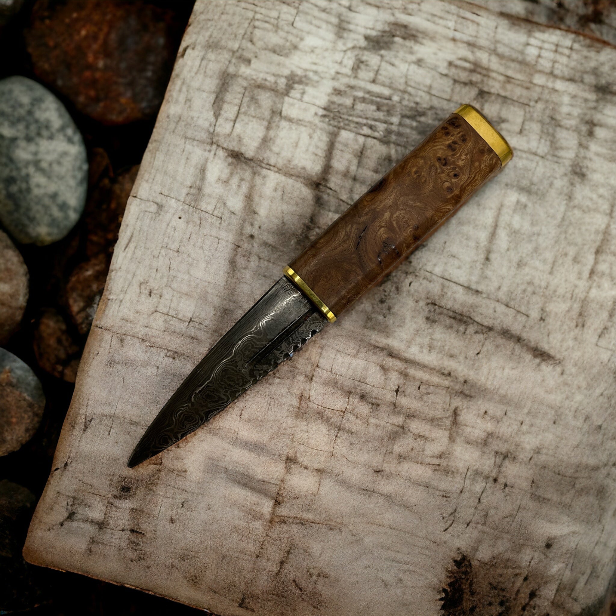 Damascus steel blade sgian dubh with elmburr handle and brass top  made by Margaret Morrison