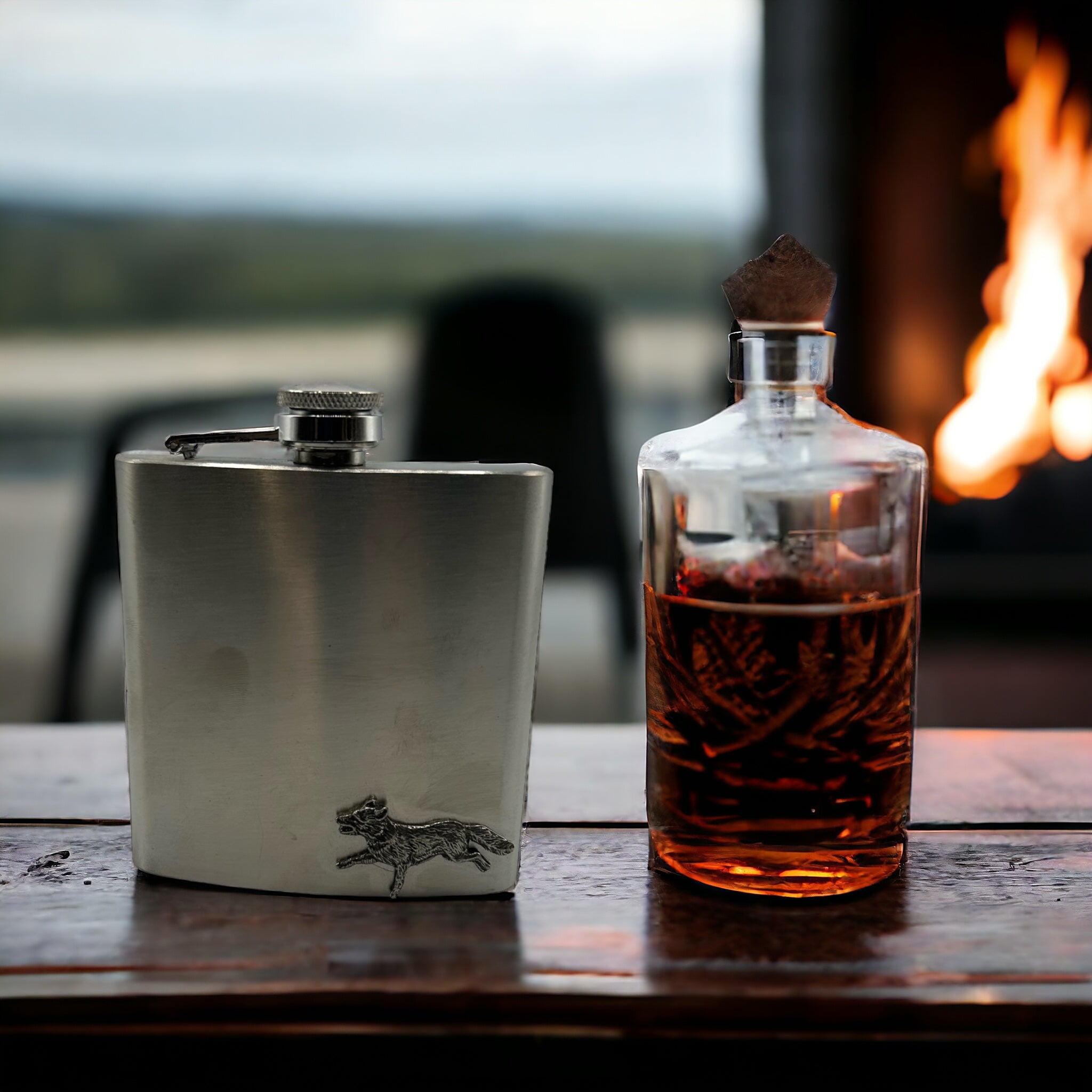 6oz Stainless Steel hip flask with pewter fox emblem