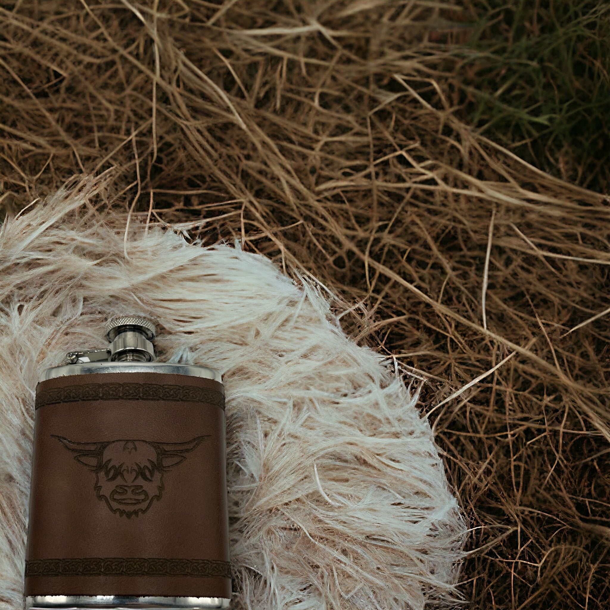 6 oz Engraved Highland Cow Pewter & Leather Hip Flask