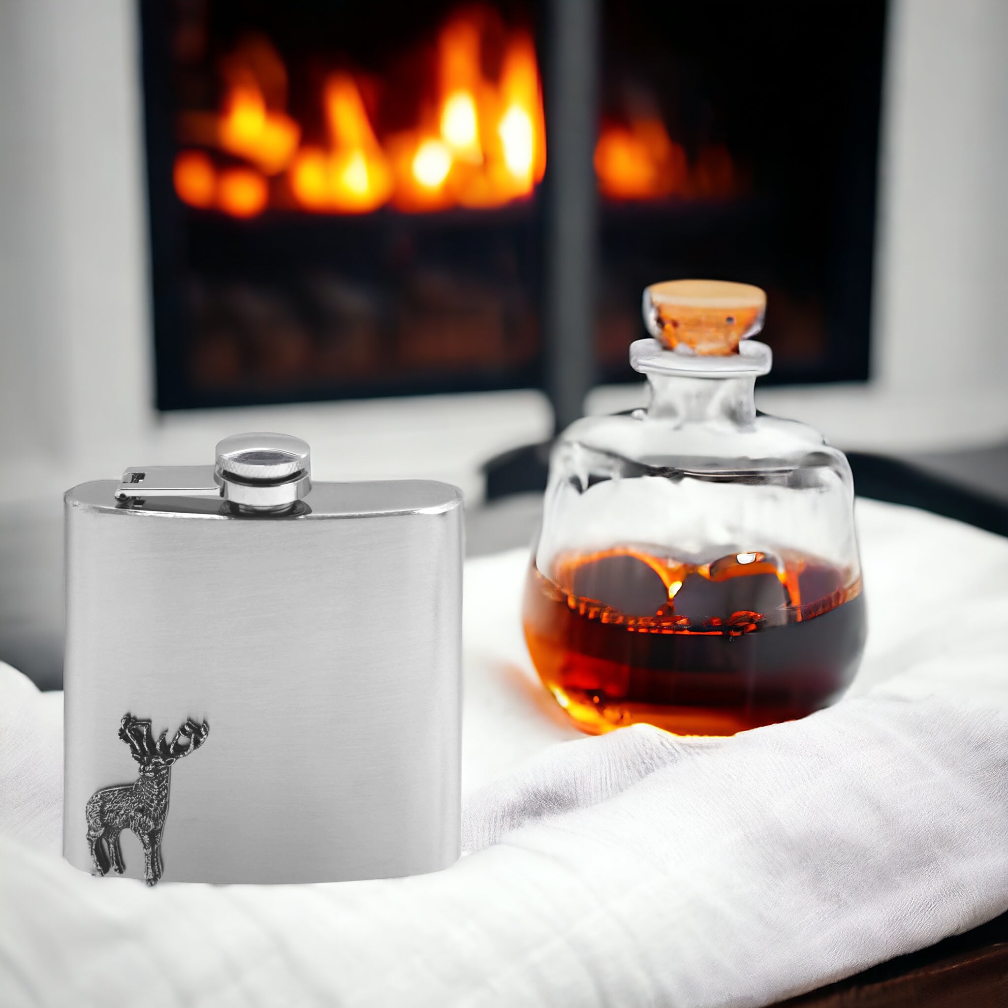 6oz pewter hip flask with stag emblem