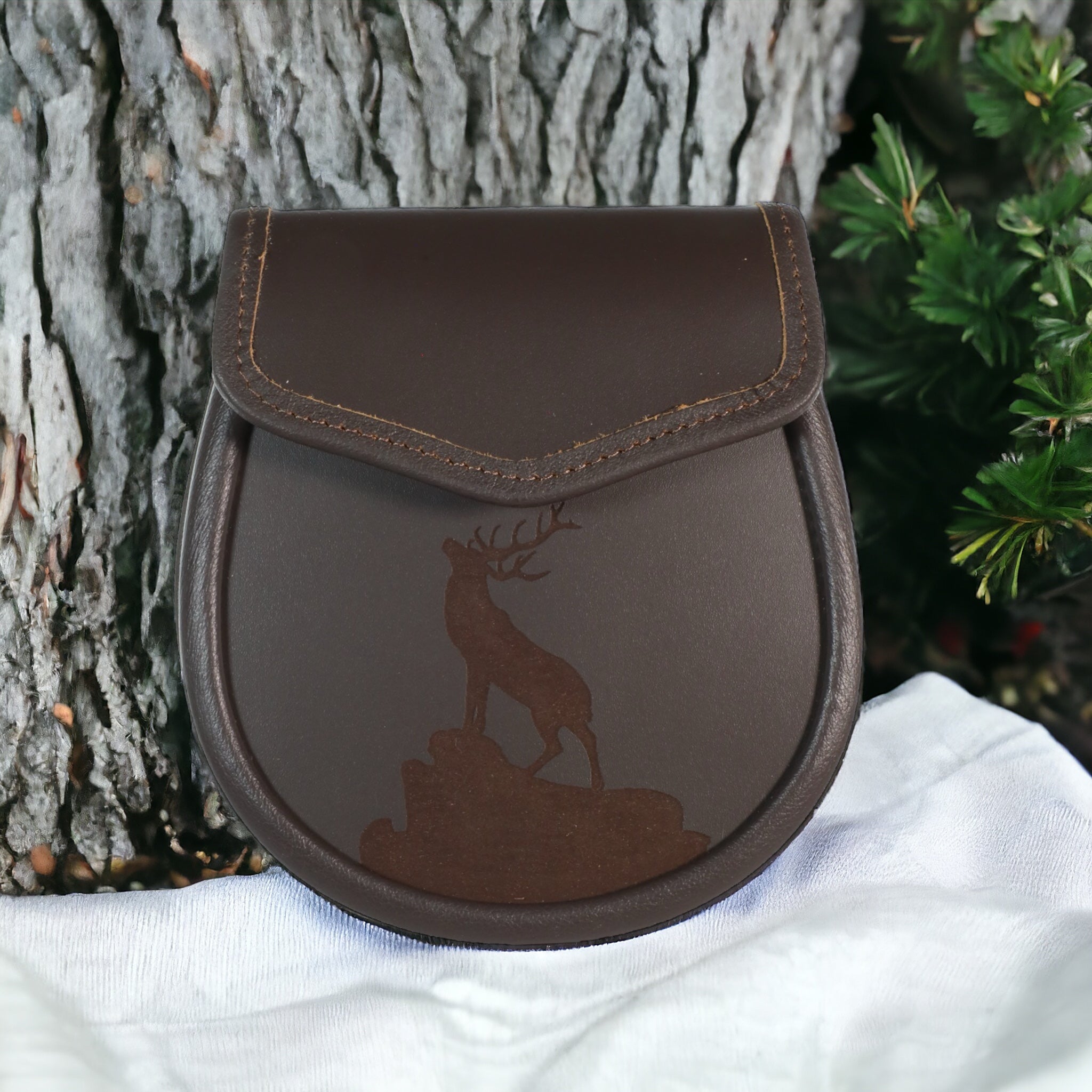 All leather day wear sporran with stag scene laser engraved on body  made by Margaret Morrison