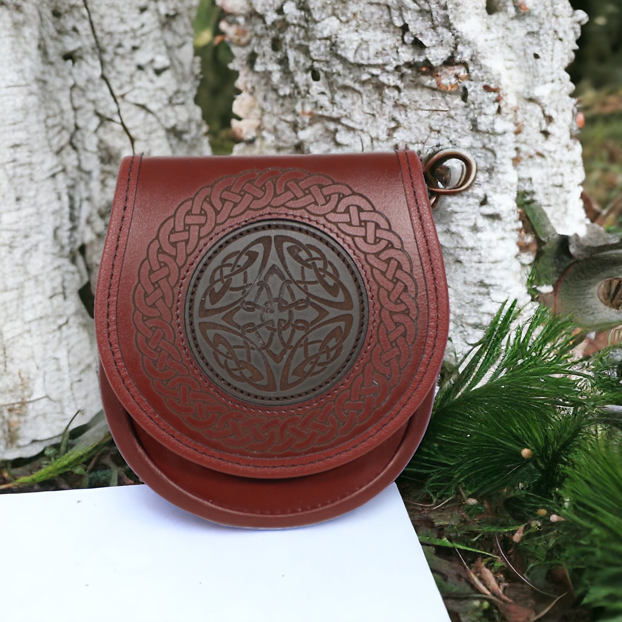 All leather day wear sporran with celtic engraved and contrasting inlay disc  made by Margaret Morrison
