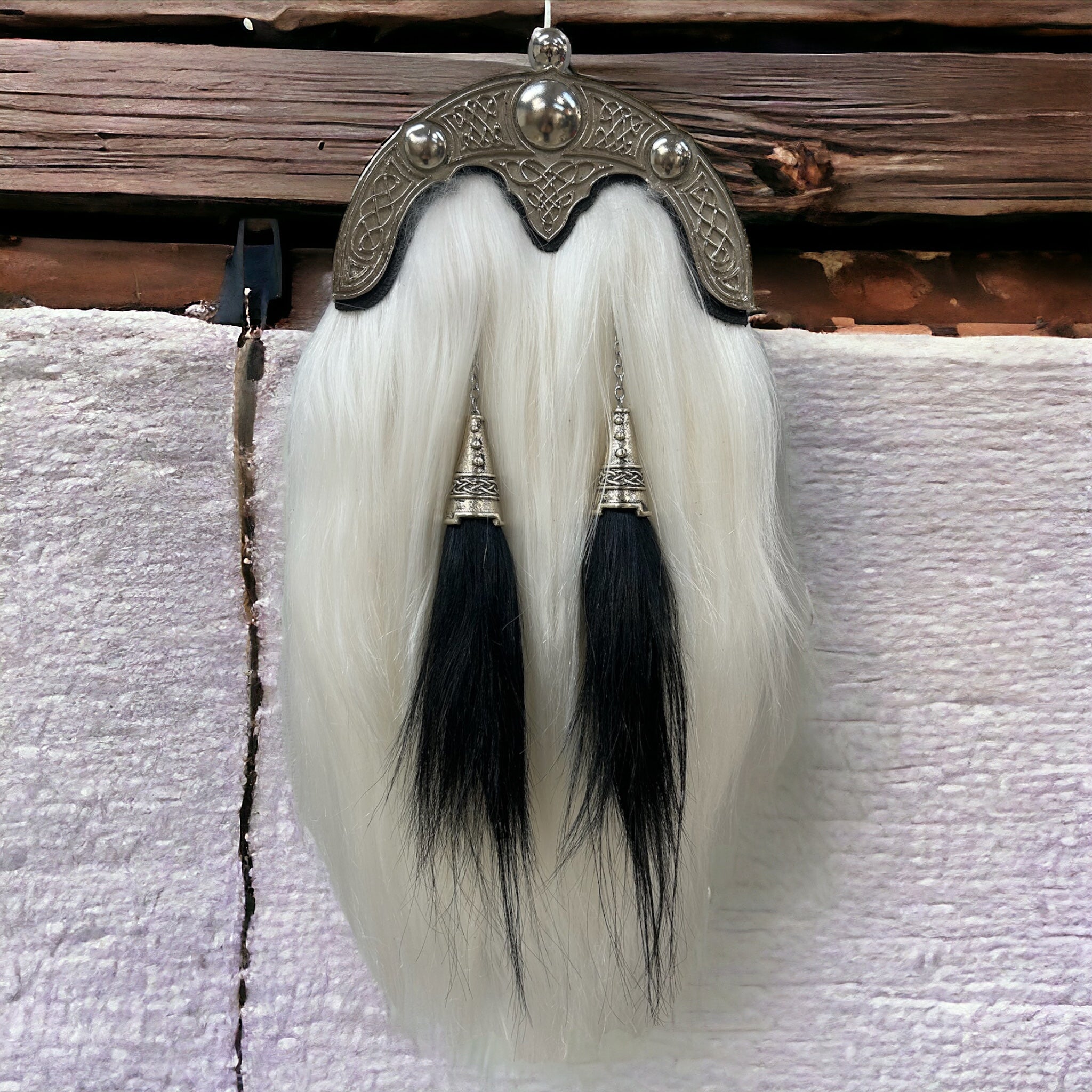 Vintage white goat hair sporran with two black tassels  made by Margaret Morrison