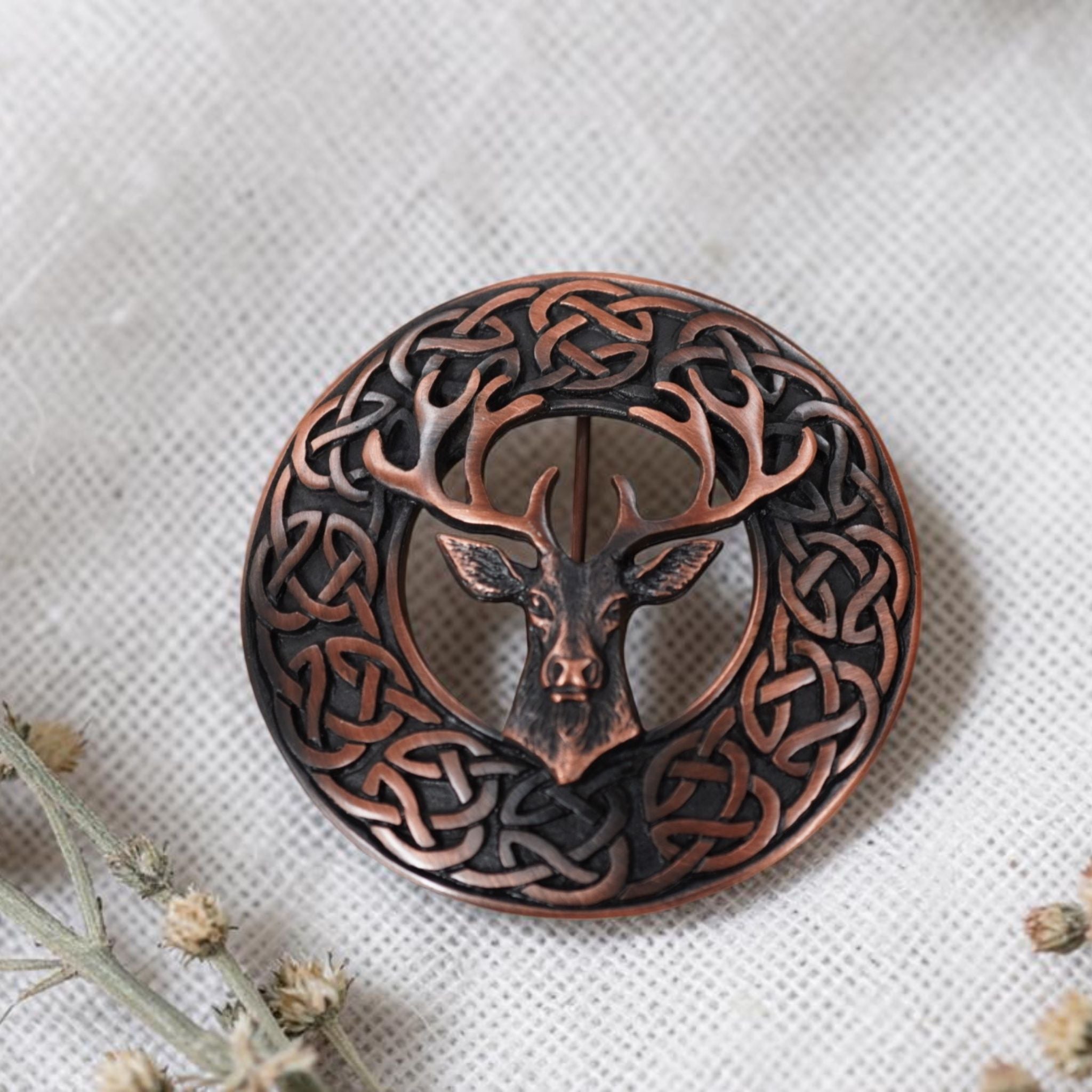 Scottish stag plaid brooch in copper plating