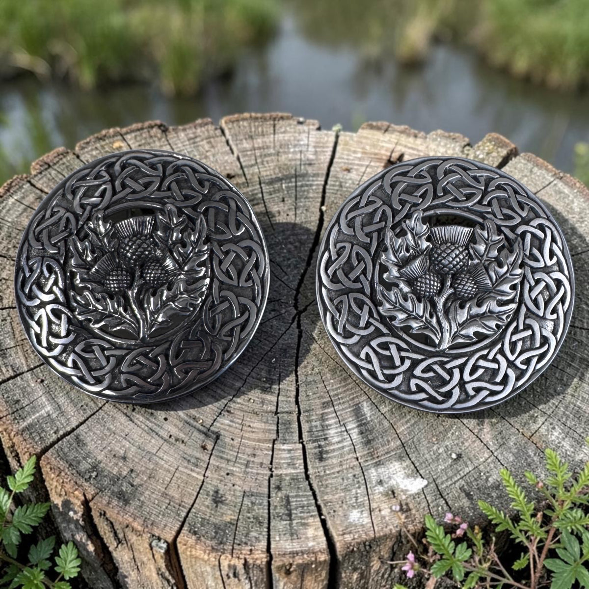 Scottish thistle plaid brooches