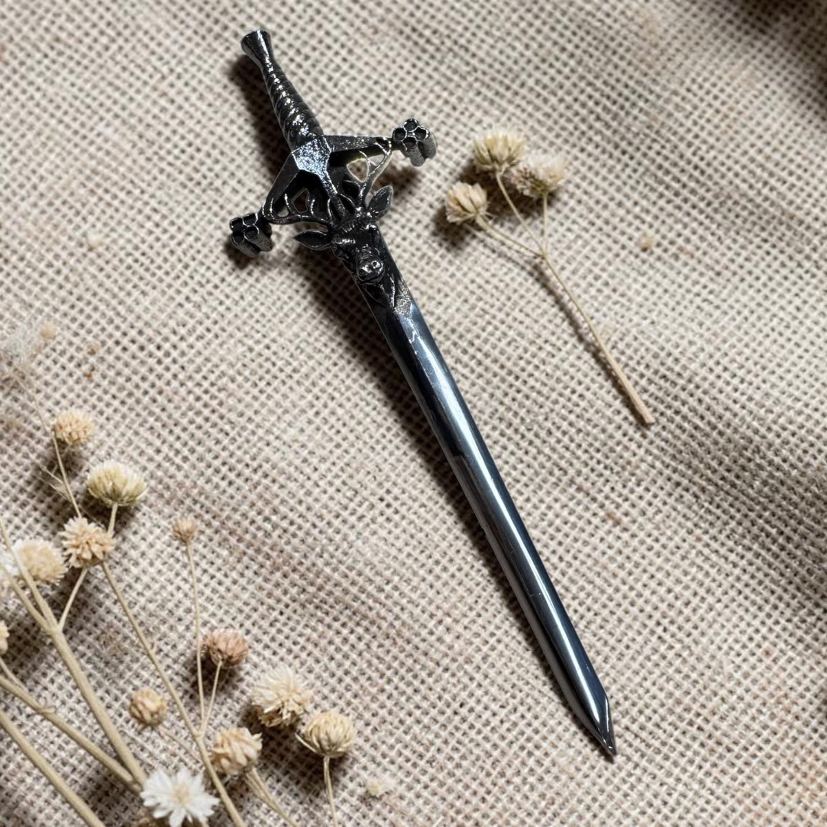 Stag claymore kilt pin by Margaret morrison in pewter